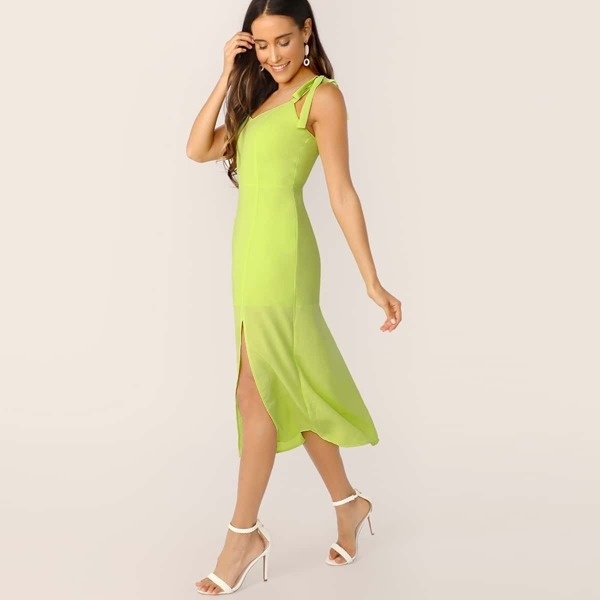 

Neon Lime Self Tie Shoulder Split Hem Dress, Green bright