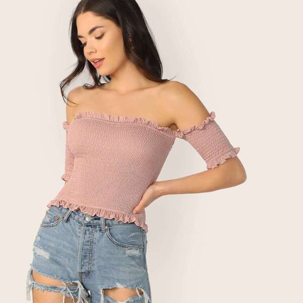 

Frill Trim Shirred Bardot Top, Pink