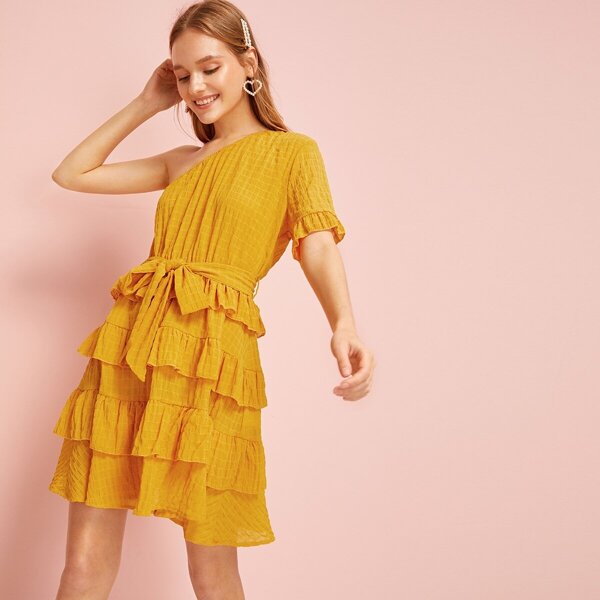 

One Shoulder Layered Ruffle Crinkle Dress, Yellow