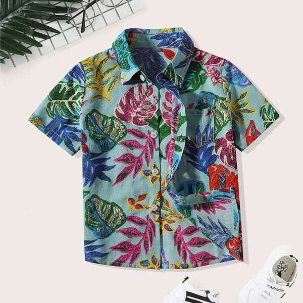 

Toddler Boys Colorful Leaf Print Curved Hem Shirt