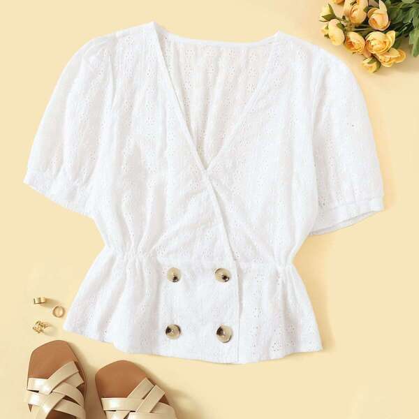 

Eyelet Embroidery V-neck Double Breasted Blouse