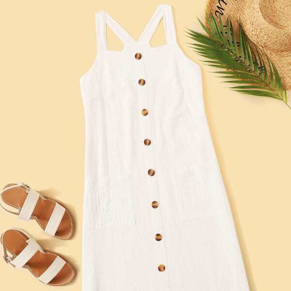 

Dual Pocket Button Front Cami Dress, Beige