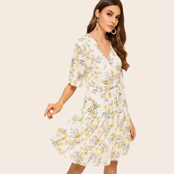 

Floral Print Ruffle Hem Belted Dress, Beige
