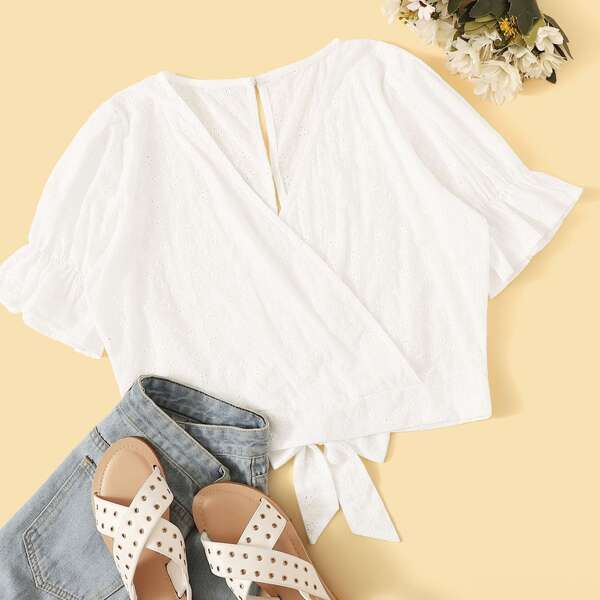 

Surplice Front Eyelet Embroidered Knot Blouse