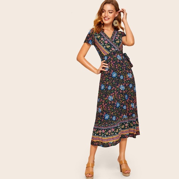 

Surplice Front Floral Print Knot Dress, Multicolor