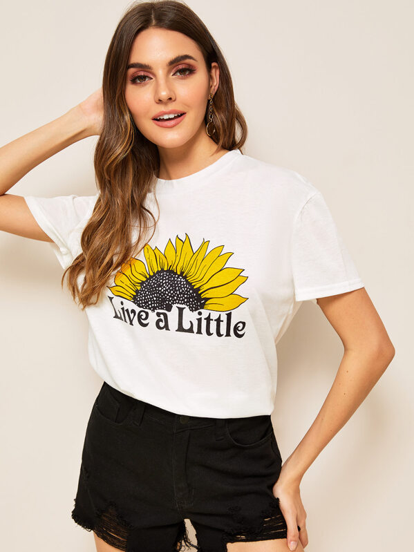 

Sunflower & Letter Graphic Tee, White, Barbara C