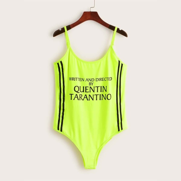 

Plus Neon Lime Letter Print Striped Panel Cami Bodysuit