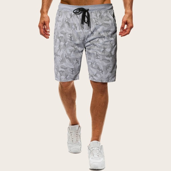 

Men Drawstring Waist Camo Print Shorts, Grey