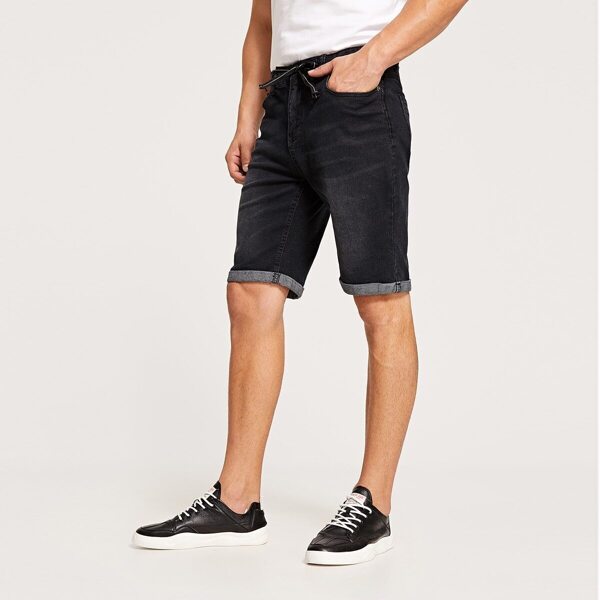 

Men Drawstring Waist Roll Hem Denim Shorts
