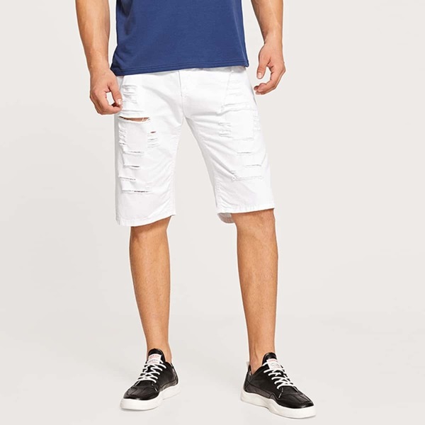 

Men Ripped Bermuda Denim Shorts, White