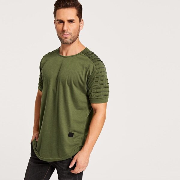

Men Ruched Sleeve Curved Hem Tee, Army green