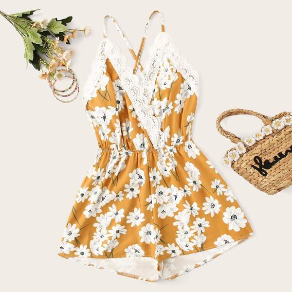

Contrast Lace Ditsy Floral Cami Romper
