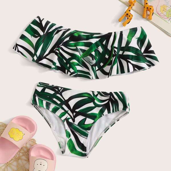 

Toddler Girls Leaf Print Flounce Bardot Bikini Set