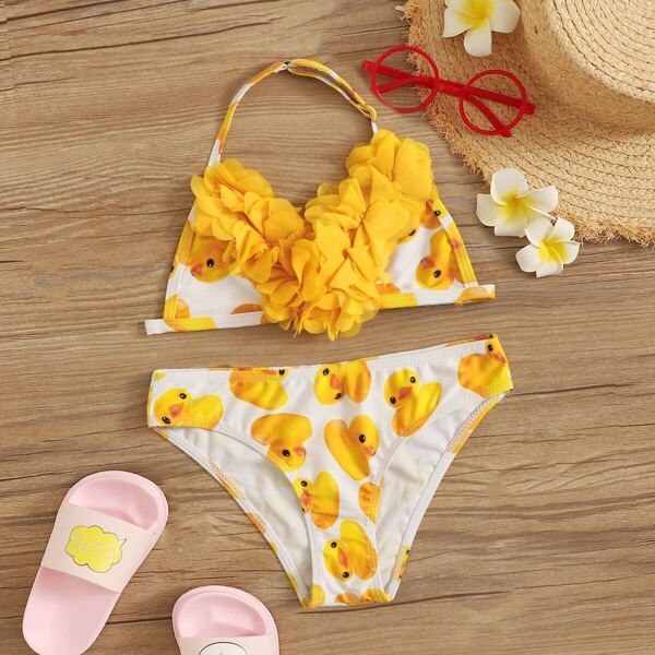 

Toddler Girls 3D Applique Cotton Duck Print Bikini Set