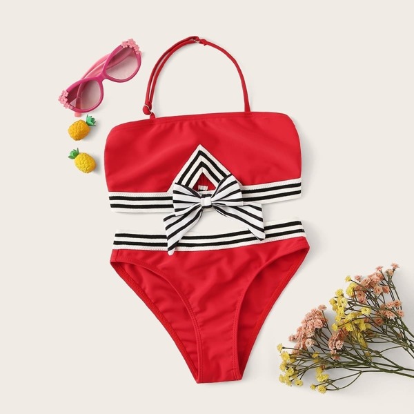 

Toddler Girls Striped Trim Bow Decor Bikini Set