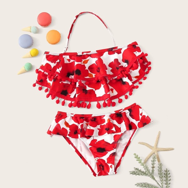 

Toddler Girls Pom Pom Layered Ruffle Bikini Set
