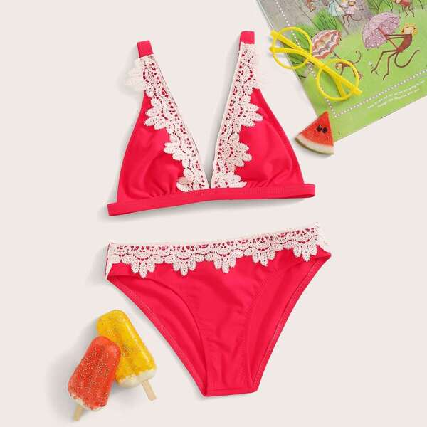 

Toddler Girls Crochet Lace Trim Triangle Bikini Set