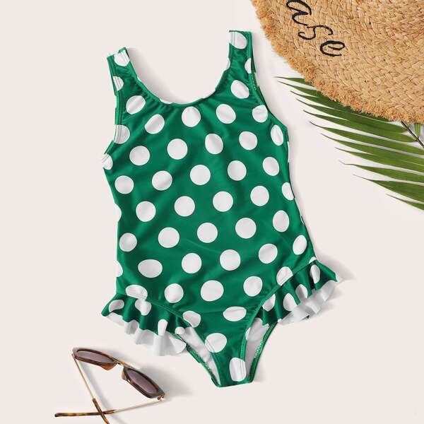 

Toddler Girls Ruffle Hem Polka Dot One Piece Swim