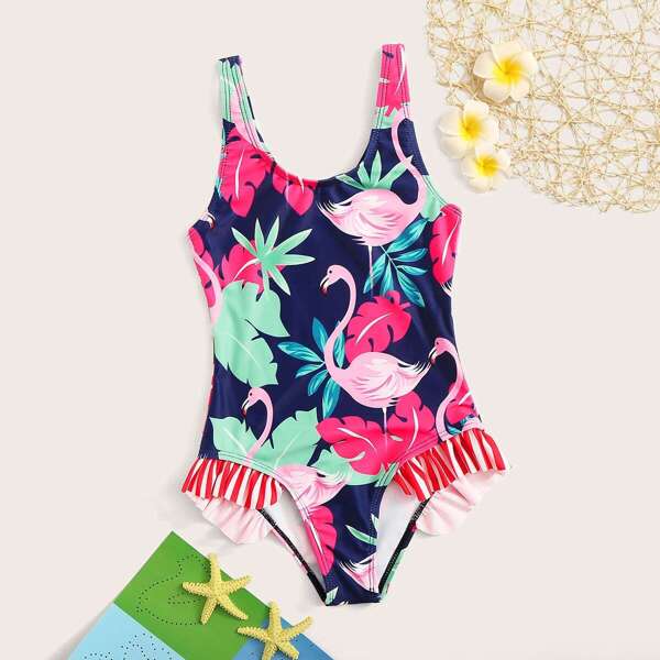 

Girls Random Tropical Print Ruffle One Piece Swim