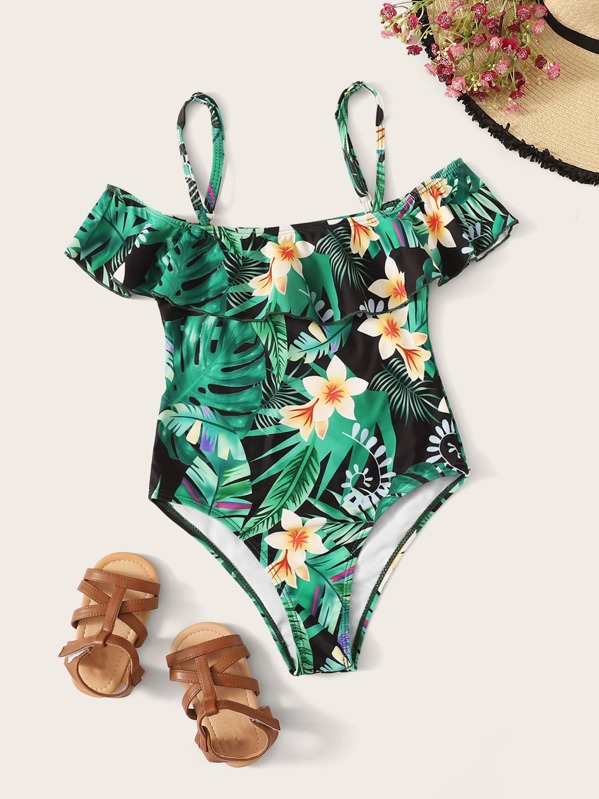 

Girls Random Tropical Print Flounce One Piece Swim, Green