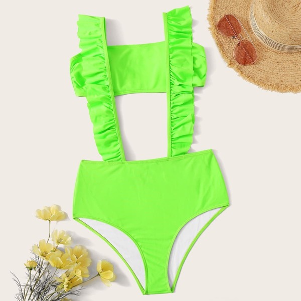 

Neon Lime Bandeau With Ruffle Suspender Two Piece Swim, Green bright