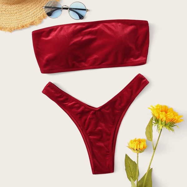 

Velvet Bandeau Top With High Leg Bikini Set, Red