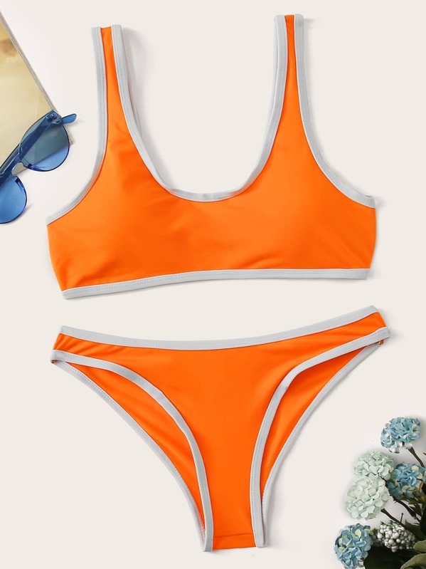

Contrast Trim Racerback Top With Panty Bikini Set, Orange