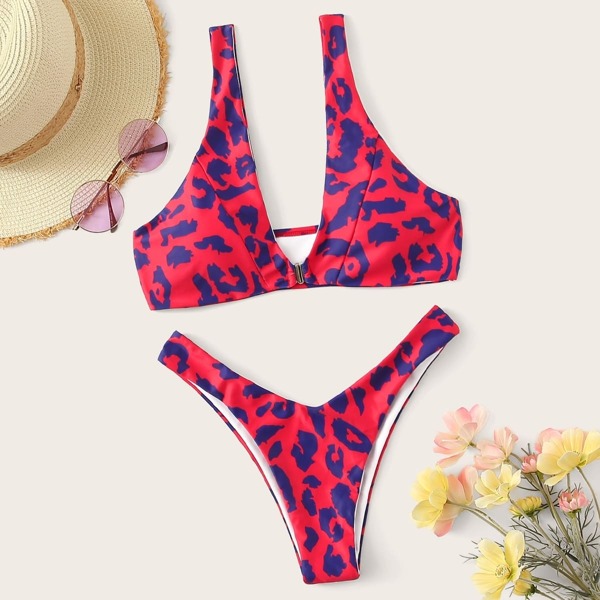 

Leopard V Neck Top With High Leg Bikini Set, Red