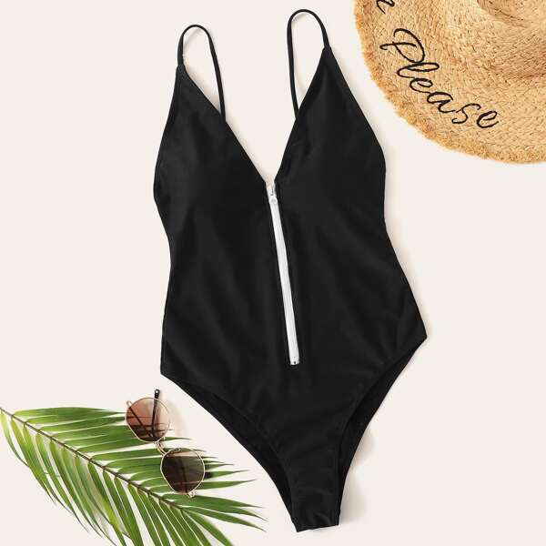 

Zipper Front Plain One Piece Swimsuit