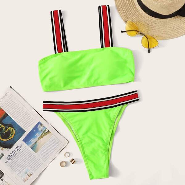 

Neon Lime Striped Straps Top With Thong Bikini