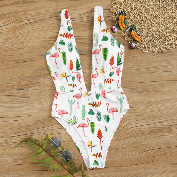 

Random Tropical Print Plunge Neck One Piece Swimsuit