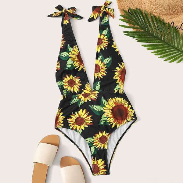 

Random Sun Floral Tied Strap One Piece Swimsuit, Multicolor