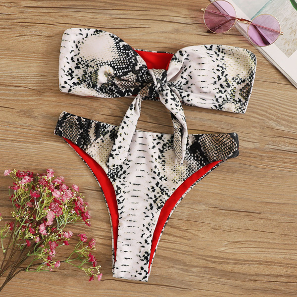 

Snakeskin Print Knot Front Bandeau Bikini Set