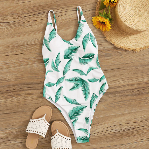 

Random Leaf Print Low Back One Piece Swimsuit