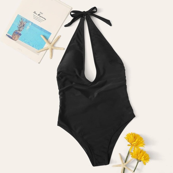 

Low Back Plunging Halter One Piece Swimsuit