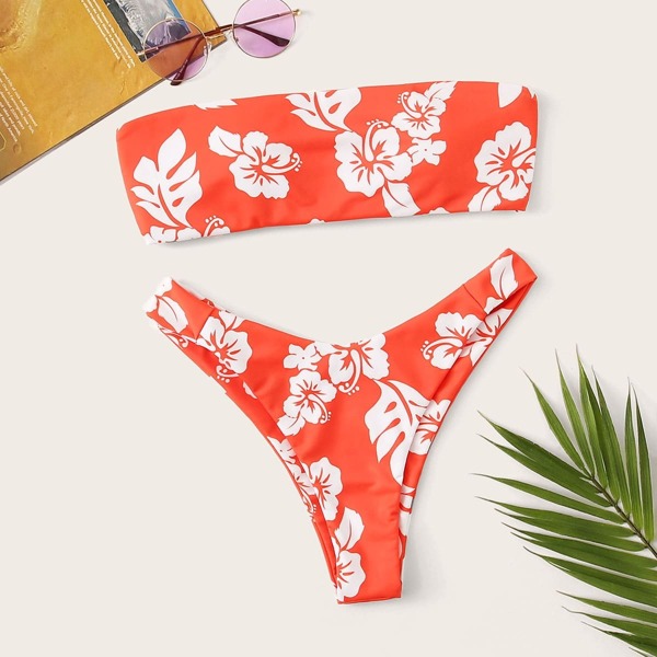 

Floral Bandeau With High Leg Bikini Set, Orange