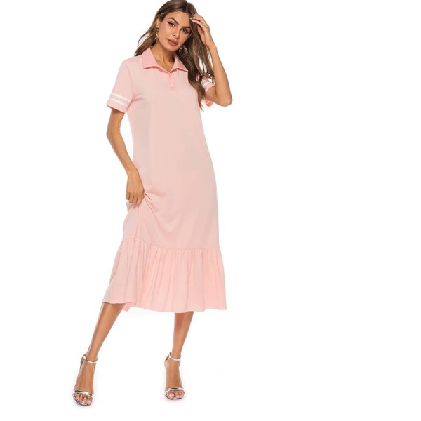 

Tuxedo Stripe Side Button Half Placket Polo Dress, Pink