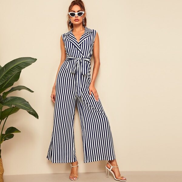 

Striped Belted Notched Collar Wide Leg Jumpsuit