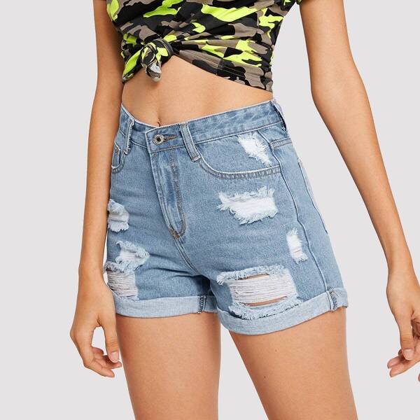

Stitch Detail Ripped Cuffed Hem Denim Shorts