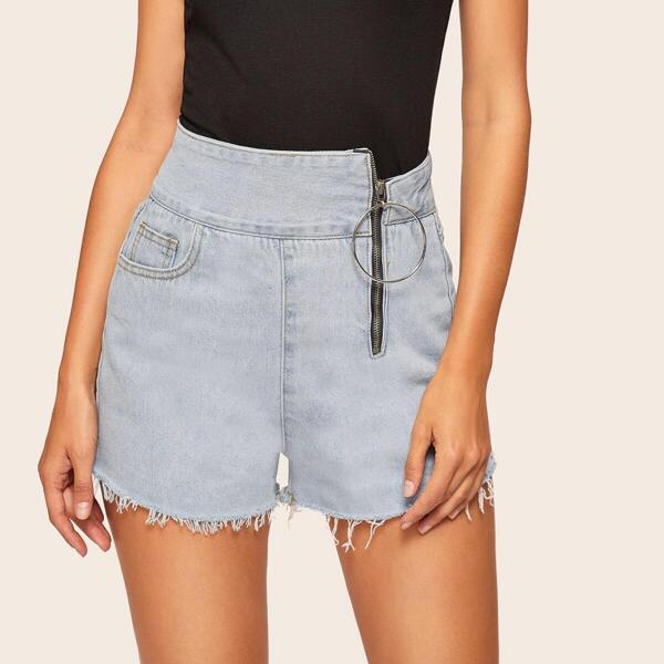 

Zip Up Side Raw Hem Denim Shorts