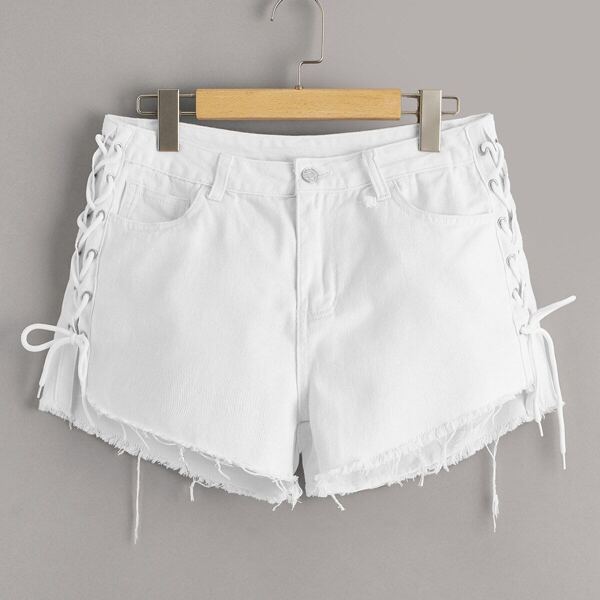 

Lace Up Side Raw Hem Denim Shorts