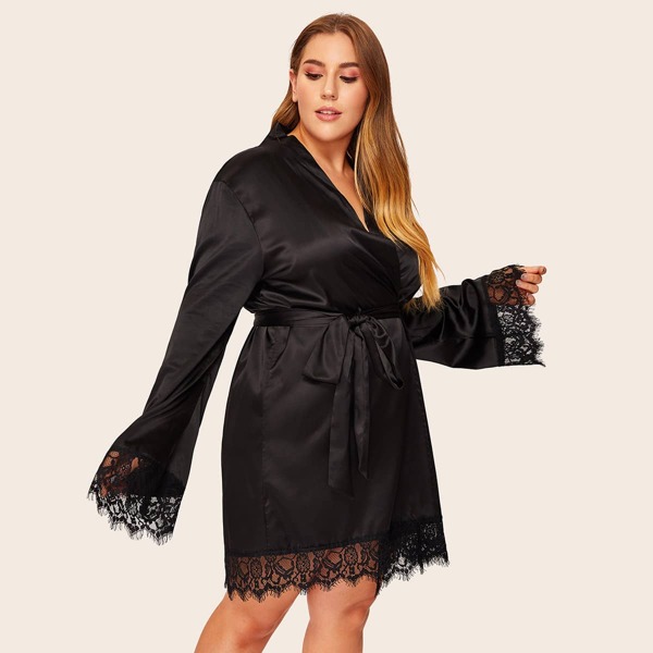 

Plus Satin Robe & Belt Without Lingerie Set