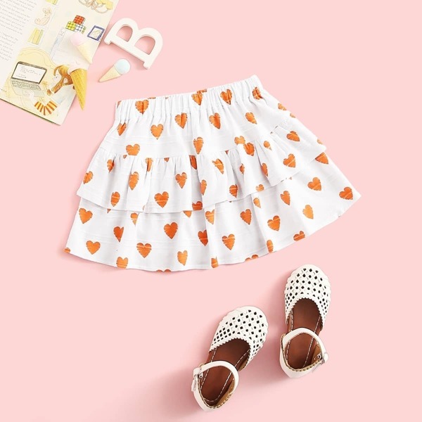 

Toddler Girls Heart Print Layered Skater Skirt, White