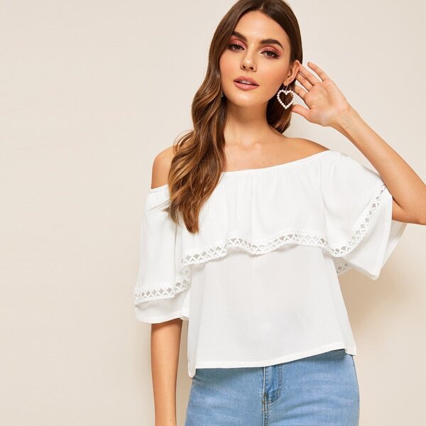 

Off Shoulder Lace Trim Ruffle Overlay Top