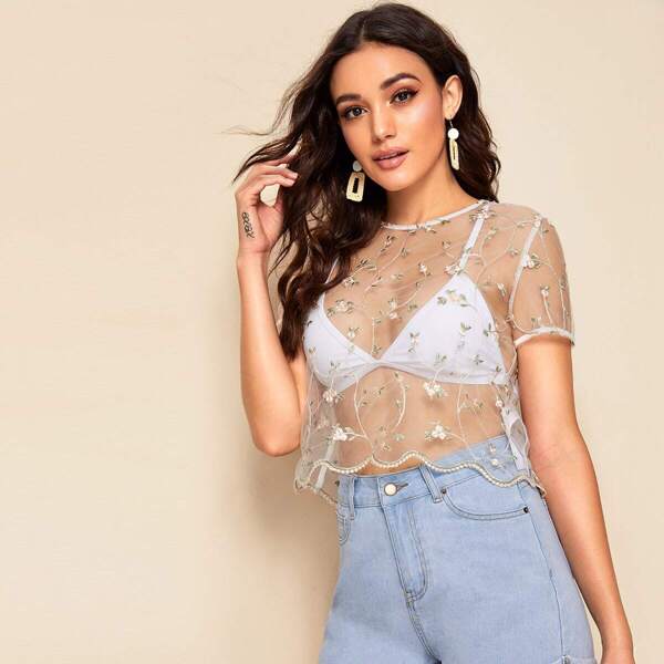 

Scallop Hem Embroidered Mesh Top Without Bra