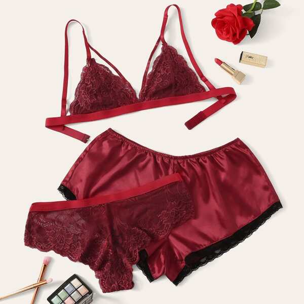 

Harness Lace Lingerie Set With Satin Shorts 3pack