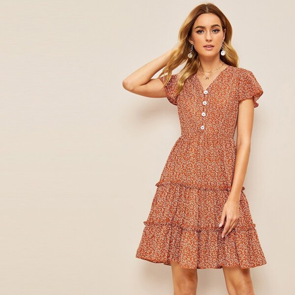 

50s Ditsy Floral Button Front Pep Hem Dress, Orange