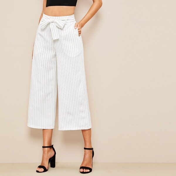 

Vertical Striped Belted Wide Leg Crop Pants