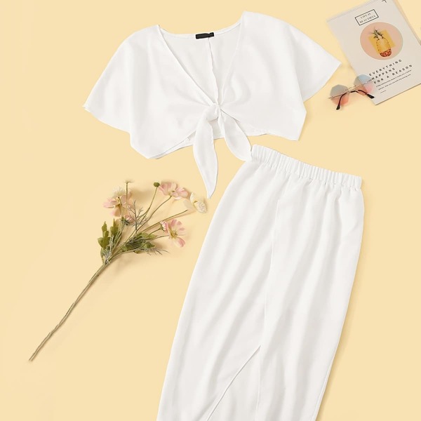 

Knot Front Crop Top & Slit Hem Wrap Skirt Set, White