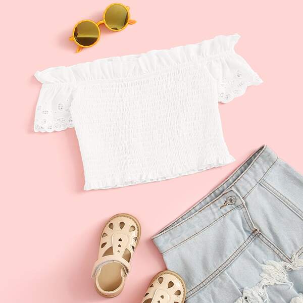 

Girls Frill Edge Embroidered Eyelet Sleeve Shirred Top, White